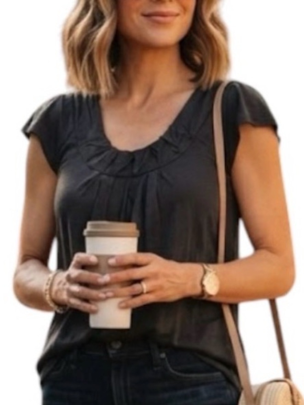 INES Nordstrom Minimalist Preppy Pleated Detail Cap Sleeve Top Tee Grey Size XXS